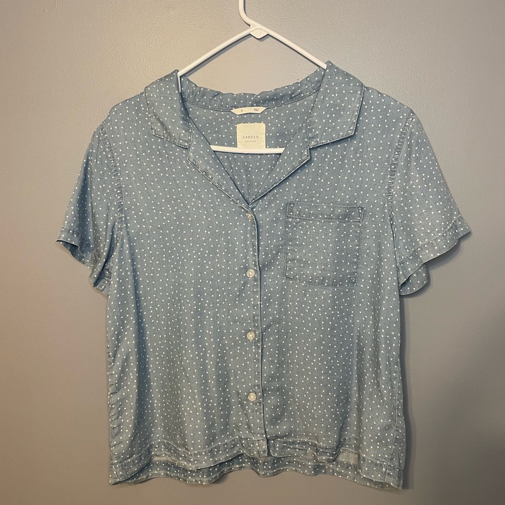 Francesca’s - blue collard short sleeve t-shirt with white dots all over